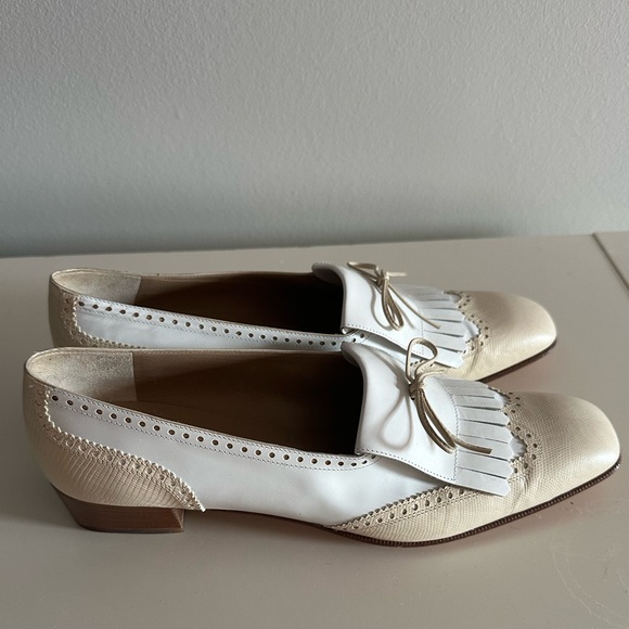 Salvatore Ferragamo Cream and White Fringe Loafers